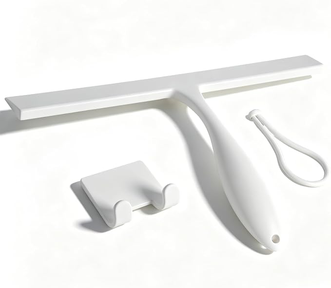 Shower Squeegee for Glass Doors, 11-Inch Silicone Squeegee with Non-Slip Handle and Adhesive Hook for Bathroom, Mirror（White）