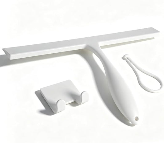 Shower Squeegee for Glass Doors, 11-Inch Silicone Squeegee with Non-Slip Handle and Adhesive Hook for Bathroom, Mirror（White）
