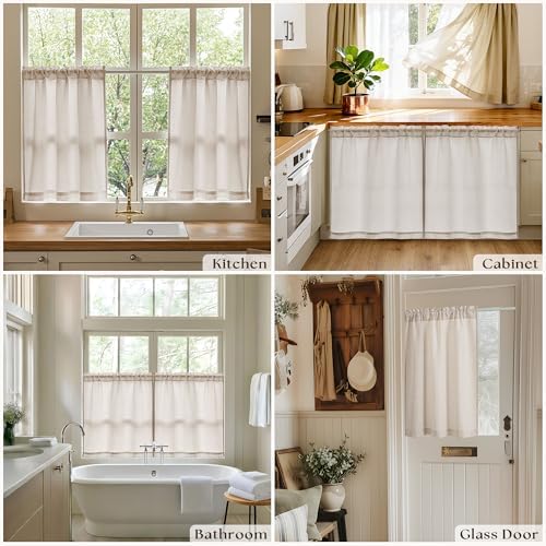 40 Inch Short Linen Curtains 2 Panels Rod Pocket for Small Window | Bedroom Living Room, Light Coffee Tan Beige, Front Door Curtain, Rustic, Semi Sheer Privacy, Basement Drapes, W34xL40