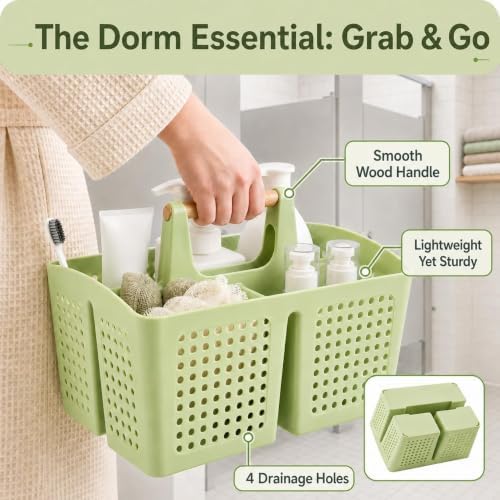 Portable Shower Caddy Basket with 3 Compartments and Handle, Grass Green | Plastic Divided Storage Caddy for Camping, RVs, Outdoor Showers, Bathrooms, Laundry Rooms and Cleaning Supplies