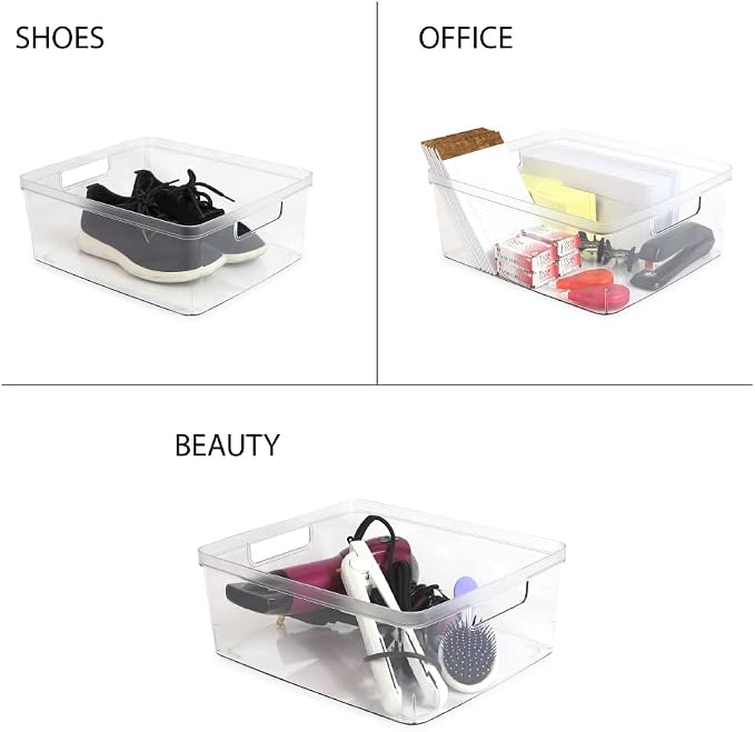 Isaac Jacobs 4-Pack Large Clear Storage Bins (11.5” L x 14” W x 5.5” H) w/Cutout Handles, Plastic Organizer for Home, Office, Kitchen, Fridge/Freezer, Bathroom, BPA Free, Food Safe (Large)