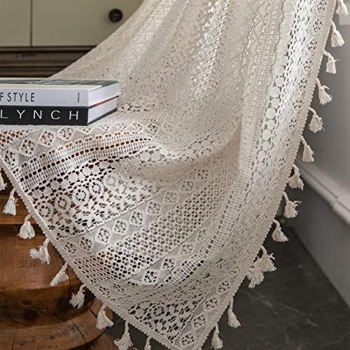 Sutuo Home Boho Curtains Crochet Lace Semi-Sheer Bohemian Hollow Knitted Handmade Tassels, Rod Pocket Window Treatment Vintage Rustic Farmhouse Drapes for Living Bedroom, 1 Panel 59" W x 72" L, Beige