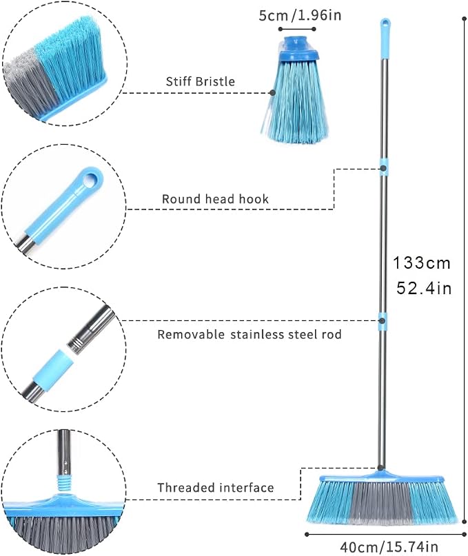 LandHope Heavy Duty Broom, 15.75in Wide Push Broom, 45.67in Long Handle, Adjustable, Floor Sweeper for Indoor Outdoor Commercial Warehouse Home Kitchen Patio Garden Garage
