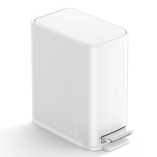TIPGO Small Bathroom Trash Can with Lid Soft Close,1.3 Gallon, White | Step Pedal, Removable Inner Bucket, 5 Liter Slim Stainless Steel Garbage Can for Bedroom, Office, Kitchen