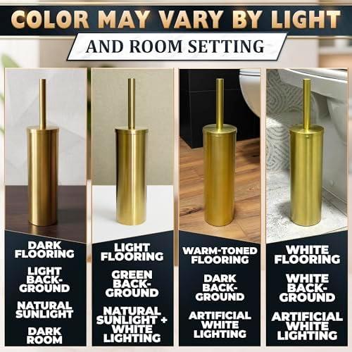 Gold Toilet Brush and Holder Set, Freestanding, Splash Protection | Stainless Steel Toilet Brush and Holder Set for Bathroom Cleaning; Dense Bristles; Removable Bowl; Detachable Long Handle