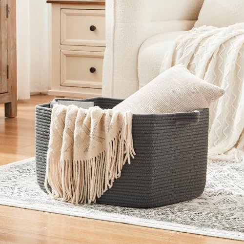 OIASKET Large Toy Basket, Rectangle Woven Rope Storage Basket for Blankets, Dirty Clothes, Shoes, Nursery Organizer Bins (Dark Grey)