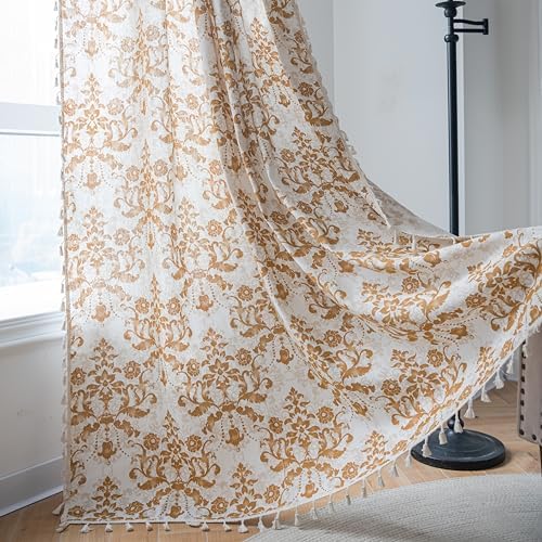 Sutuo Home Boho Curtains 84 Inches Length for Bedroom Living Room, Printed Moroccan Cotton Linen Rod Pocket Rustic Farmhouse Bohemian Tassels Window Treatment, 1 Panel 59" W x 84" L, Brown Damask