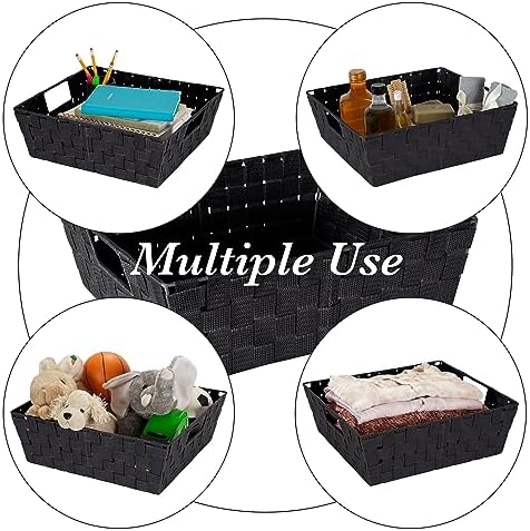 Simplify Large Shelf Woven Strap Tote | Decorative Storage Basket | Built in Handles | Organization | Closet | Bedroom | Bathroom | Nursery | Accessories | Toys | Gifts | 2 Pack | Black