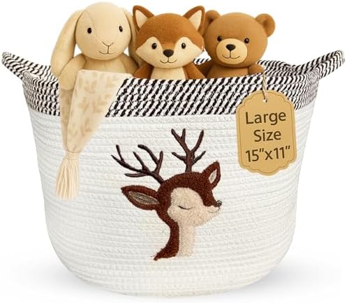 Deer Baby Storage Basket, Woven Cotton Rope Nursery Bin, 15x11 in | Stuffed Animal and Blanket Storage, Soft Felt Deer Patch, Woodland Nursery Decor, Kids Playroom Organizer