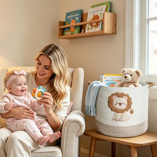 Cute Nursery Bin, Baby Toy Organizer (13.8"x13.8"), Storage Basket for Organizing, Woven Rope Basket for Shelves, Cute Baskets with Handle for Nursery, Playroom (Lion, Large)
