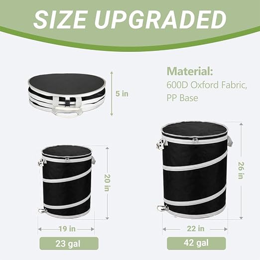 23 Gallon Compact Collapsible Trash Can 2 Pack, Pop Up Waste Container with Hard Plastic Base & Drain Holes, Portable Small Leaf Garbage Bin for RV Camping, Patio, Indoor Laundry & Small Yard Storage