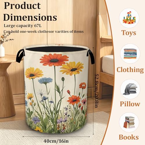 Daisy Wildflowers Large Laundry Basket, Foldable Laundry Hamper with Waterproof Coating and Reinforced Handles, Clothes Storage Bin for Dorm Bedroom