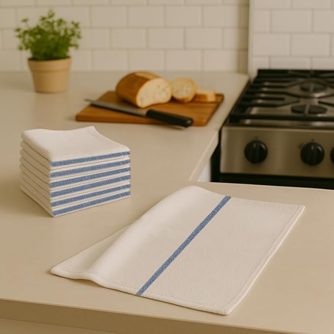 ZUPERIA Bar Mop Towels - 12 Pack (16"x19") - 100% Cotton High Absorbency Kitchen Towels – Reusable Dish Cloths, Quick-Dry Rags with Blue Stripe – Ideal for Restaurants, Cooks, Bartenders & Homes