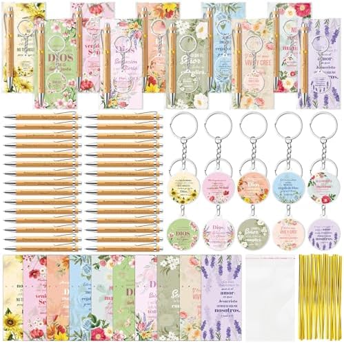 ANGOLIO Spanish Christian Religious Gifts - Back to School Gift 230P Colorful Flower Regalos Cristianos En Español Bible Verse Bamboo Pen Keychain Bookmark Stationary for Women Men VBS Church Supplies