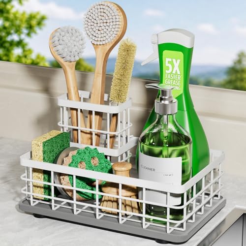 Kitchen Sink Organizer, Large Sink Caddy with Sponge Holder & Diatomite Mat | Cleaning Supplies in One Place, Kitchen Countertop Organizer, Home Essentials, Brush Holder, Quick Dry Tray, Fewer Puddles