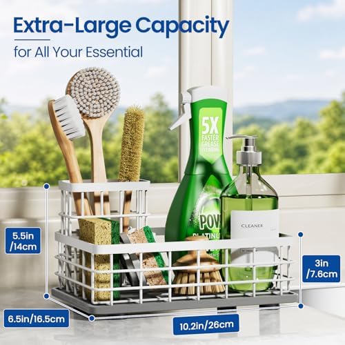 Kitchen Sink Organizer, Large Sink Caddy with Sponge Holder & Diatomite Mat | Cleaning Supplies in One Place, Kitchen Countertop Organizer, Home Essentials, Brush Holder, Quick Dry Tray, Fewer Puddles
