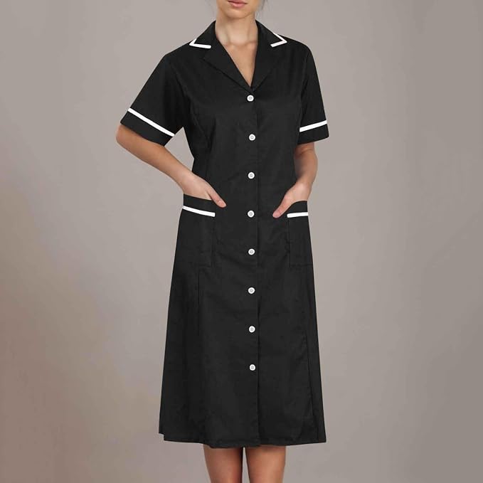 Women's Short Sleeve Work Dress Lapel Button Front Nursing Workwear Casual Housekeeping Scrubs Dress with Pockets