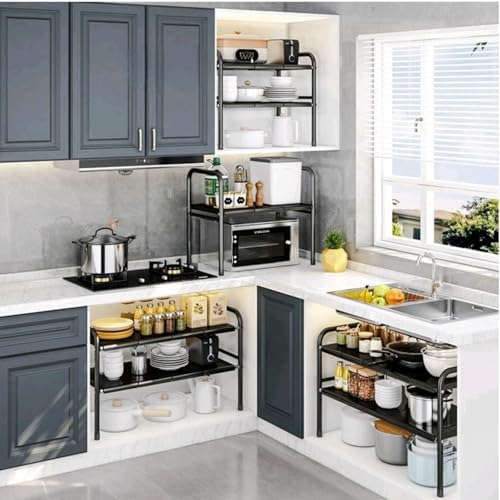 Expandable Under Sink Organizer with 10 Removable Panels, Adjustable Storage 2-Tier Shelf for Kitchen, Bathroom, Pantry,Multi-Purpose Expandable Cabinet Shelf Rack (19-35.5 Inch) (brown, Large)