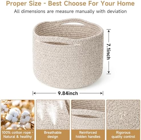 3 Pack Small Rope Storage Baskets, 9.82×9.82×7.1", Brown | Cotton Basket for Gifts Empty, Cute Round Woven Basket, Decorative Shelf Basket Organizer, Organizing Basket for Shelves