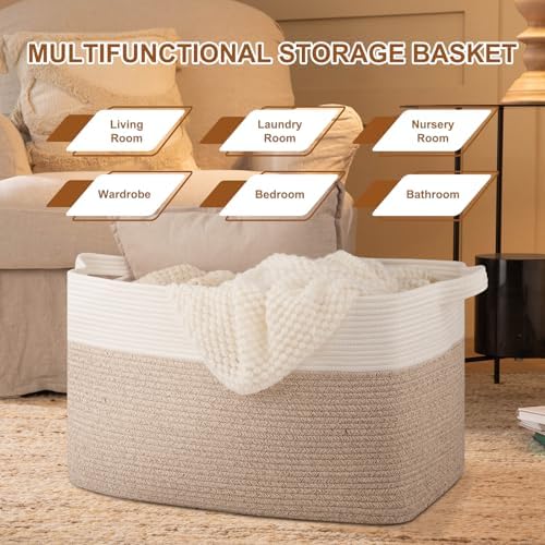 Extra Large Laundry Basket, 95L Blanket Basket for Living Room, Cotton Rope Toy Storage for Kids, Woven Baskets for Clothes, Towels, Pillows, 24" x 17" x 14", Brown and White
