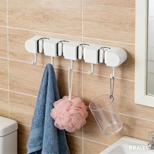 Wall Mounted Mop and Broom Holder, 4 Racks And 5 Hooks Vacuum Suction Cup Mop Holder, Stainless Steel & ABS Organizer for Kitchen, Bathroom, Garage, Laundry Room (White)