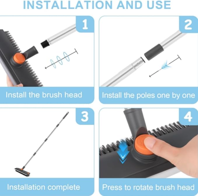 Floor Scrub V Brush with Long Handle, 4 in 1 Multi-Angle Swivel Right Angled Bristle Floor Scrubber Brush with Squeegee and Tweezer for Cleaning Tile Wall Deck Bathroom Patio Garage Kitchen