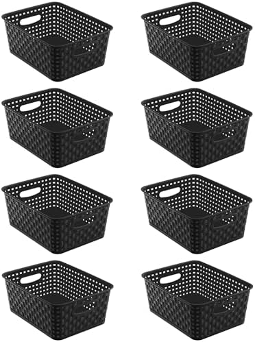 8 Pack Black Storage Baskets, Plastic Woven Organizer Baskets, Stackable Shelf Baskets for Closet, Pantry, Bathroom & Laundry Room