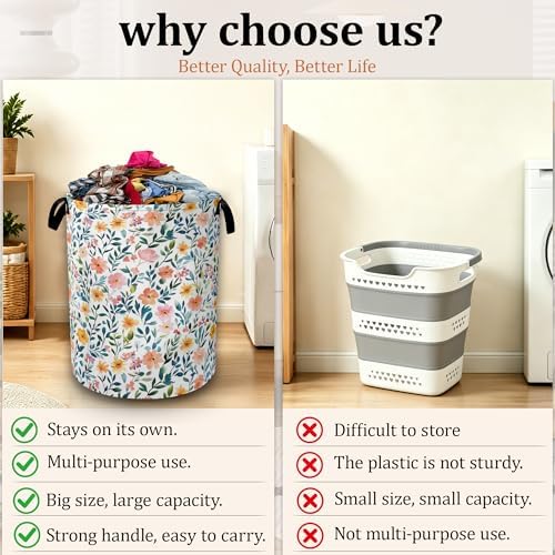 Vibrant Summer Floral Laundry Basket with Handles, Waterproof Foldable Laundry Hamper, Large Capacity Oxford Cloth Clothes Storage Basket for Bathroom Bedroom Dorm