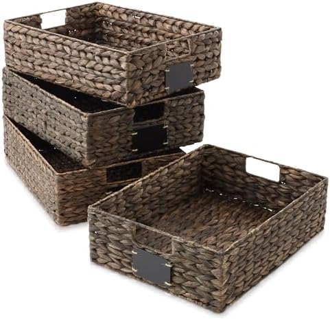 Casafield Set of 4 Water Hyacinth Pantry Baskets, 12-1/2" x 17" x 5", with Chalkboard Labels and Chalk Marker - Espresso, Woven Storage Bin Organizers for Kitchen Shelves