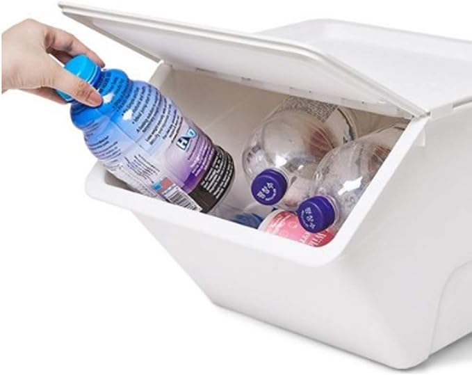 Daily Stackable Organizer Stores Recycling Bin Container with Lid, Handle, Recycle Sticker Trash Bin Label, Tools and Toys, Handy Recycler, 3 Pack of Bins White