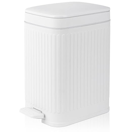 Small Bathroom Trash Can with Lid, 1.9 Gallon Slim Soft Close Step, White | Garbage Can with Pedal for Office, Bedroom, Kitchen & Living Room, Narrow Plastic Wastebasket Container for Small Spaces
