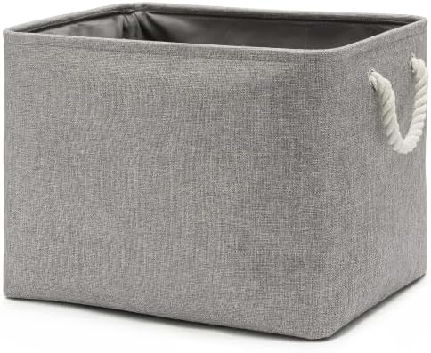 16x12x12 In Foldable Fabric Large Storage Bins with Handle 1 Pack | Storage Basket with Draw String Top, Sturdy Metal Strand, Cardboard Support Molding, for Shelf, Closet, Bedroom, Gray