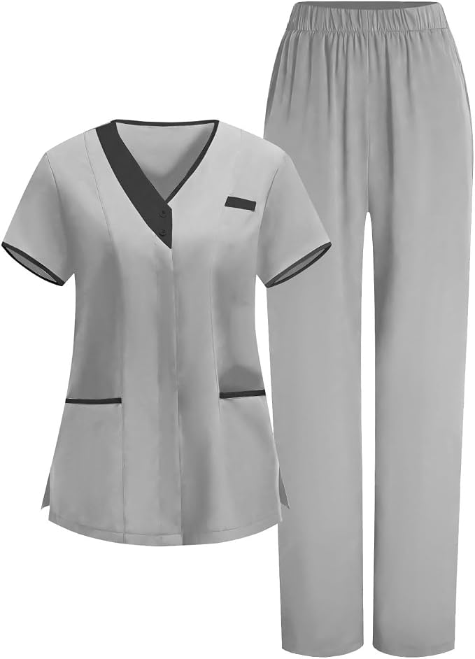 2026 Housekeeping Uniform Cleaning Uniforms - Button V Neck Top & Pants with Multi Pockets - Scrubs for Women