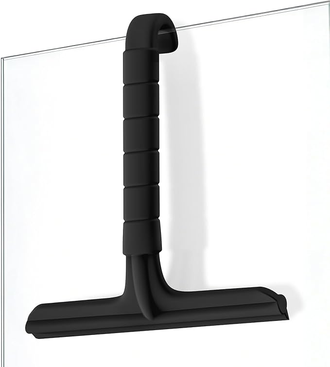 Roylvan Silicone Shower Squeegee for Glass Doors with Built-in Hook, Black | All-in-One Shower Squeegee with Ergonomic Grip, Household Window Mirror Cleaner for Bathroom Glass Kitchen Tile Wall Car