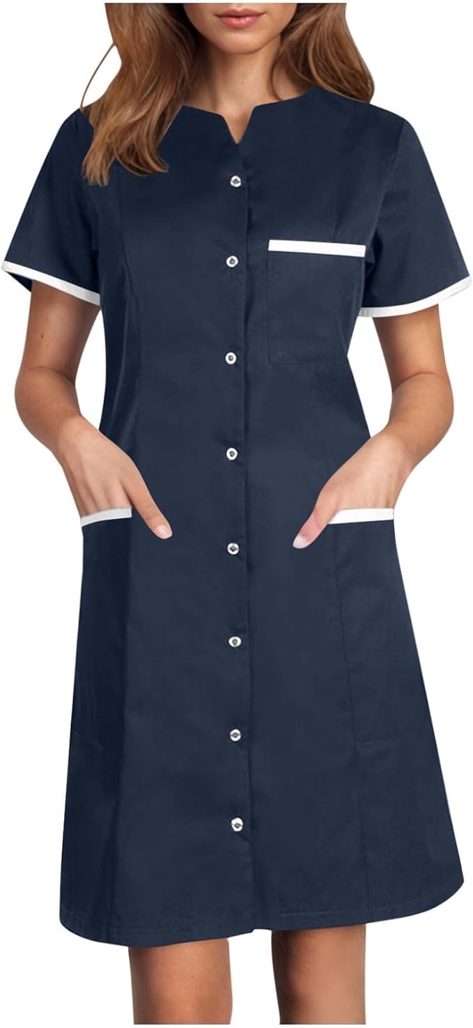 Scrubs Dress for Women - Button Front Nursing Workwear - Casual Housekeeping Dresses with Pockets