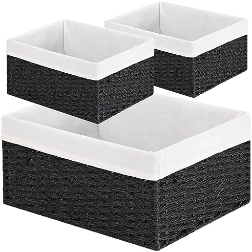 Vagusicc Storage Basket, 3-Pack Woven Paper Rope Wicker Baskets for Storage with Handles, 15 Inches Large Cube Storage Bins Woven Storage Baskets with Liners for Shelves Organizing & Decor, Black