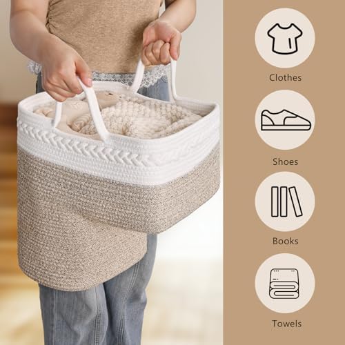 Woven Stair Basket, Stair Baskets for Wooden Stairs, Carpeted Stairs Storage Basket with Handles, Staircase Baskets for Toys, Books, Brown, 15” L x 10” W x 15” H