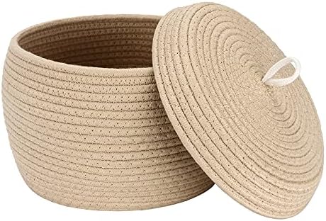 Sea Team Round Woven Cotton Rope Storage Basket with Lid, Khaki | Lidded Knitted Decorative Storage Bin, Pot, Caddy, Organizer, Container for Snacks, Towels, Plants, 10 x 7.5 Inches