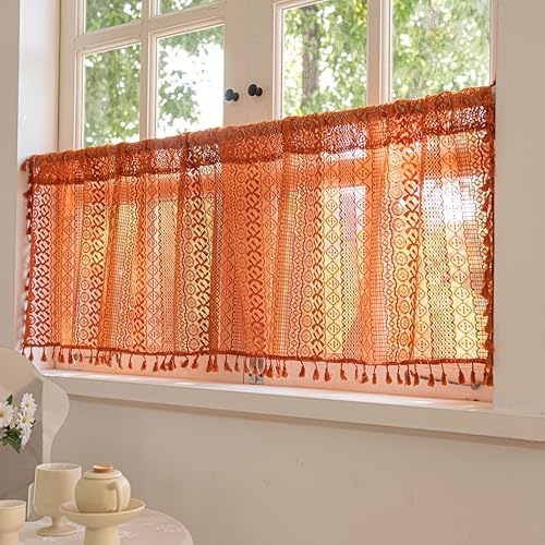 Sutuo Home Terracotta Boho Valance Short Curtains Crochet Lace Sheer Bohemian Hollow Knitted with Tassels, Privacy Vintage Rustic Farmhouse Drapes for Kitchen, Rod Pocket 1 Panel 59" W x 36" L, Orange