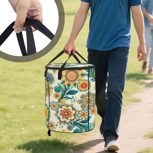 doginthehole Boho Blossoms Outdoor Trash Can with Lid Retro Floral Garbage Bins Outside Pop Up Recycle Garbage Cans Collapsible Trash Can for Camping Picnic Yard Beach, 22.83x17.71 in