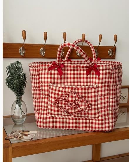 Boho Fabric Storage Basket Quilted Floral Print Baskets Organizer Bin with Handles for Home, Picnic, Shopping (A-Red 1, One Size)