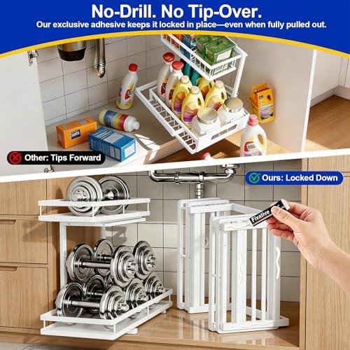2-Tier Metal L-Shaped Pull-Out Under Sink Organizer, White, 2 Pack | 2 complete sets; ball-bearing slides; 6-level height; no-drill setup