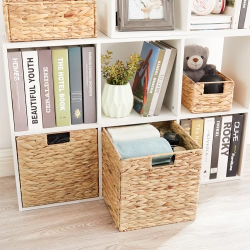 Vagusicc Wicker Storage Basket, Set of 2 Water Hyacinth Storage Baskets for Organizing, 11x11x11 Storage Cube Bins, Wicker Storage Cubes, Natural Foldable Square Baskets for Shelf Laundry Organizer