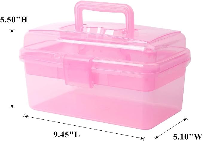 Multipurpose Plastic Storage Container Organizer Box Case with Removable Tray and Handle for Art, Craft, Sewing Supplies, Clear&Pink