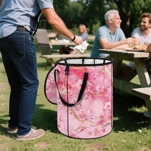 doginthehole Pink Marble Camping Trash Can Outdoor Peach Blossom Recycle Trash Can with Lid Large Garbage Storage Bag Large Oval Rubbish Bin for Camping Picnic Yard Beach, 22.83x17.71 in