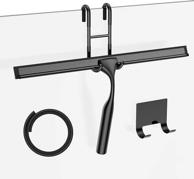 Black 14-Inches Stainless Steel Shower Squeegee Set, Include Shower Door Hook, Adhesive Hook and Spare Silicone Blade, Window Squeegee for Shower Glass Door, Bathroom, Mirror, Window and Car Glass