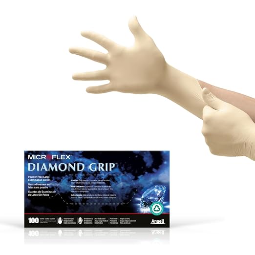 Ansell MICROFLEX Diamond Grip MF-300 Disposable Latex Gloves for Automotive, Healthcare, Machinery Industries - XS, Natural (Box of 100) | Natural, Size 6 (XS), unisex latex exam tear resistant gloves with textured grip, ideal for automotive & lab,100/...