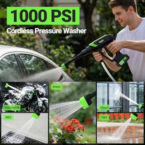 Cordless Portable Washer, 5 Gear Brushless Washer for Car Washing, Patio, Fence, Driveway, Outdoor Cleaning, with 2 Batteries, 6 in 1 Nozzle, 6 Meter Hose, Tap Adapter