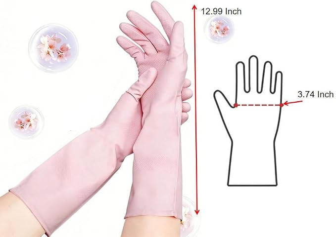 2 Pairs Reusable Rubber Cleaning Gloves for Dishwashing - Non-Slip Grip, Colorful Household Gloves for Kitchen & Home Cleaning Perfect for Women & Men (Pink Green)