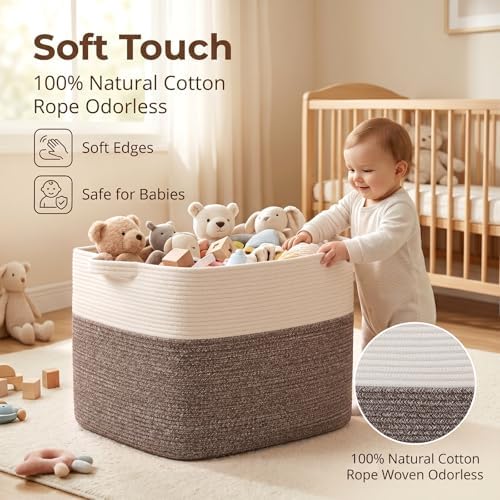 OIASKET 108L Cotton Rope Storage Basket for Living Room and Bedroom 25"x16"x16" Woven Laundry Basket, Heavy Duty Bin for Blankets, Pillows & Toys, Pet-Safe & Scratch-Free, Dark Brown and White